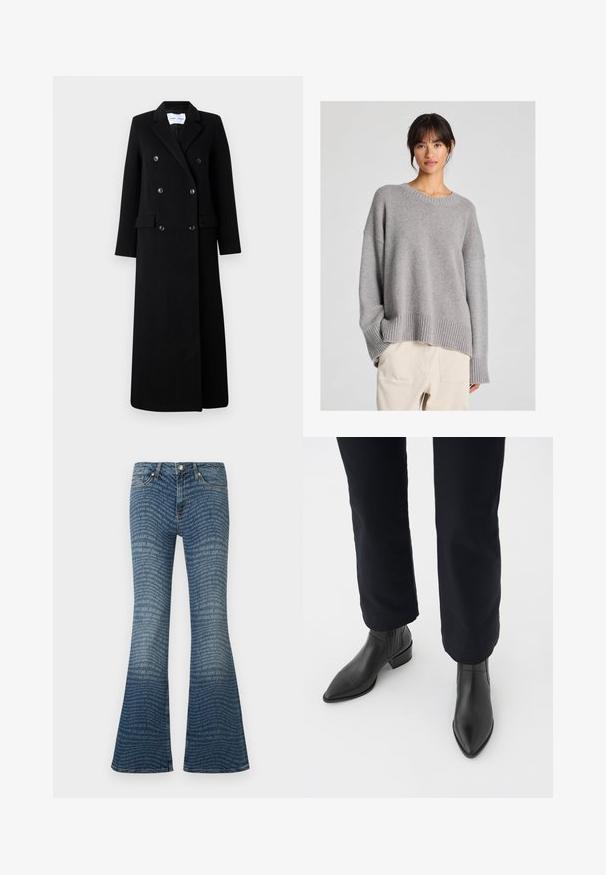 Samsøe Samsøe COAT MAXI - Klasisks mētelis - black; Pelēks adījuma džemperis ar brīvu piegriezumu, apaļu kakla izgriezumu, svītrainām piedurknēm un apakšmalu. Mīksta tekstūra ar smalku adījuma rakstu. Kombinēts ar gaišiem biksēm.; Zili zvārku džinsi ar izplūdušām kājām, rotāti ar atkārtotu "JOOP! JEANS" logotipu visā audumā, klasiskās piecu kabatu stilā.; Melni ādas potīšu zābaki ar norādītu purngalu, blokveida papēdi un teksturētām sānu daļām, valkāti ar tumšām biksēm uz balta fona.