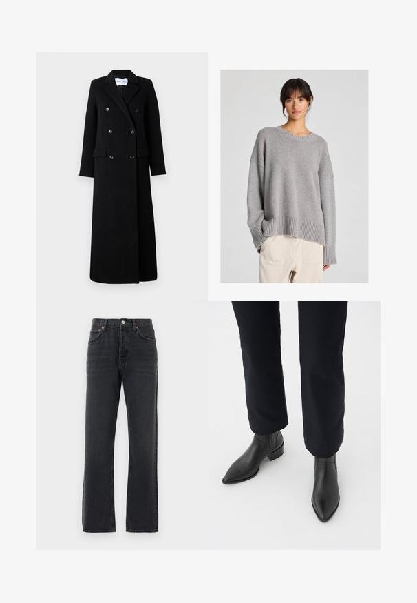 Samsøe Samsøe COAT MAXI - Palton clasic - black; Pulover gri tricotat, cu o croială lejeră, decolteu rotund, manșete și tiv ribbat. Textură moale cu un model de tricotare subtil. Asortat cu pantaloni deschiși.; Jeans negri cu croi drept, din denim, cu cinci buzunare, închidere cu nasture și brâie, expuși pe un fundal alb.; Bocanci din piele neagră, până la gleznă, cu vârf ascuțit, toc pătrat și panouri laterale texturate, purtați cu pantaloni închiși la culoare, pe un fundal alb.