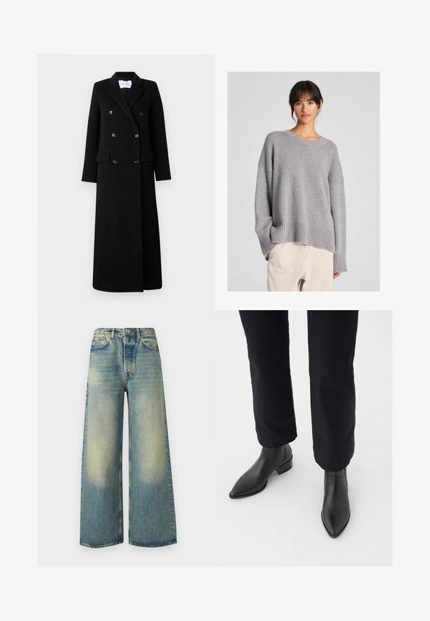 Samsøe Samsøe COAT MAXI - Classic coat - black; Grey knitted sweater with a relaxed fit, round neckline, ribbed cuffs, and hem. Soft texture with a subtle knit pattern. Paired with light trousers.; Light blue wide-leg jeans with a faded finish, featuring a button fly, five-pocket design, and contrasting stitching details.; Black leather ankle boots with a pointed toe, block heel, and textured side panels, worn with dark pants against a white background.