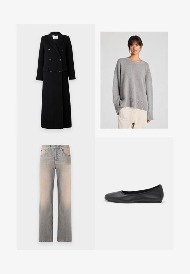 Samsøe Samsøe COAT MAXI - Klasični plašč - black; Sivkasti pleten pulover z ohlapnim krojem, okroglim izrezom, rebrastimi manšetami in robom. Mehka tekstura z diskretnim pletenim vzorcem. Ujemamo z neobdelanimi hlačami.; Svetlo modri kavbojski hlače s ravnim krojem, ki vključujejo sprednje žepe, subtilno bledenje in standarden pas z kovinsko gumbom.; Črne usnjene balerinke z zaobljenim nosom, gladko teksturo, minimalnimi šivi in fleksibilno zasnovo podplata.