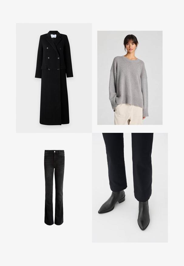 Samsøe Samsøe COAT MAXI - Klassischer Mantel - black; Grauer gestrickter Pullover mit lässiger Passform, Rundhalsausschnitt, gerippten Bündchen und Saum. Weiche Textur mit einem subtilen Strickmuster. Kombiniert mit hellen Hosen.; Schwarze Schlaghosen aus Denim, mit hoher Taille, fünf Taschen und einem silbernen Knopfverschluss. Glatte Textur mit subtilen Verwaschungen.; Schwarze Leder-Stiefeletten mit spitzem Zehenbereich, Blockabsatz und strukturierten Seitenpaneelen, kombiniert mit dunklen Hosen vor einem weißen Hintergrund.