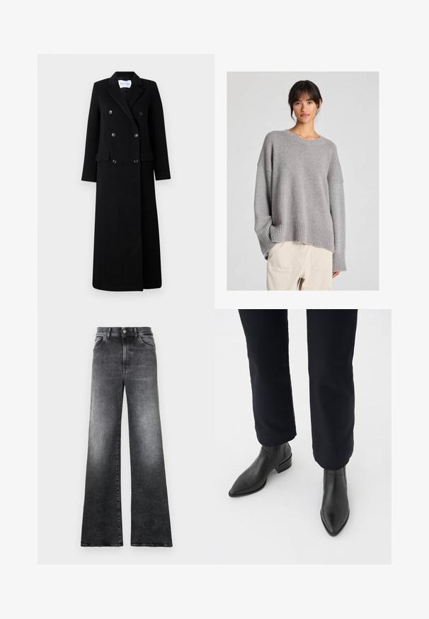 Samsøe Samsøe COAT MAXI - Klassinen takki - black; Harmaa neulottu villapaita, jossa on rento malli, pyöreä pääntie, ribbireunat hihoissa ja helmassa. Pehmeä rakenne ja hillitty neulekuvio. Yhdistetty vaaleisiin housuihin.; Leviisilahjeet harmaan gradient denimissä, joissa on napillinen sulku, viisi taskua ja haalistunut pinta.; Musta nahkasaapas nilkkamalli, jossa on terävä kärki, blokkikorko ja karheat sivupaneelit, yhdistettynä tummiin housuihin valkoista taustaa vasten.