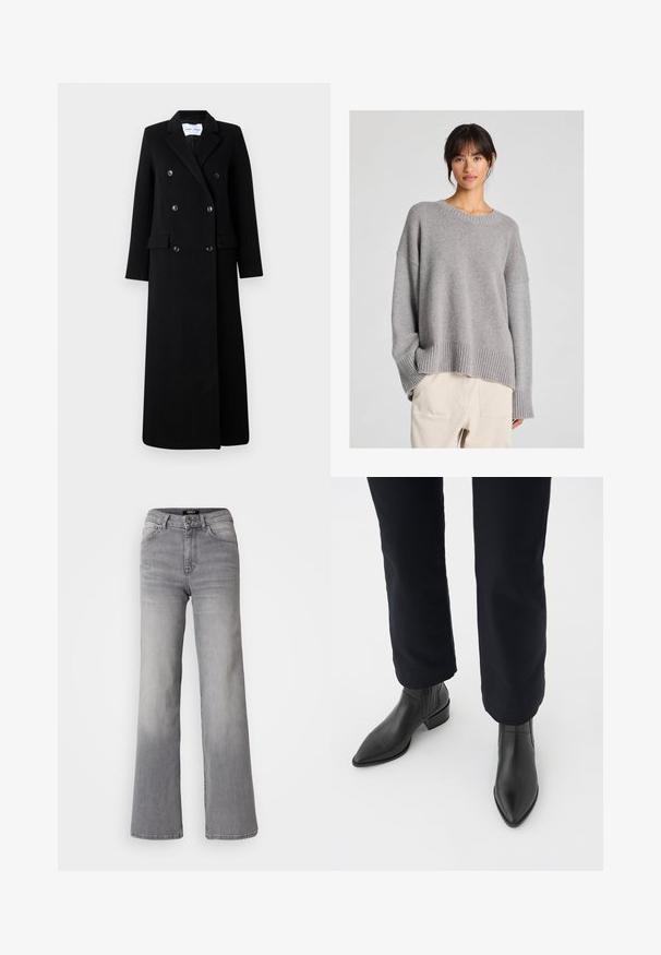 Samsøe Samsøe COAT MAXI - Klasszikus kabát - black; Szürke kötött pulóver, laza fazonnal, kerek nyakkivágással, bordás mandzsettákkal és szegéllyel. Puha tapintású, diszkrét kötött mintázattal. Világos nadrággal párosítva.; Magasan derekú, egyenes szárú, szürke farmernadrág, elől gombbal és cipzárral, elülső és hátsó zsebekkel, valamint elhalványodott árnyékolással a combokon és a vádlikon.; Fekete bőr bokacsizma hegyes orral, tömbsarkúval és texturált oldalsó panelekkel, sötét nadrággal viselve, fehér háttér előtt.