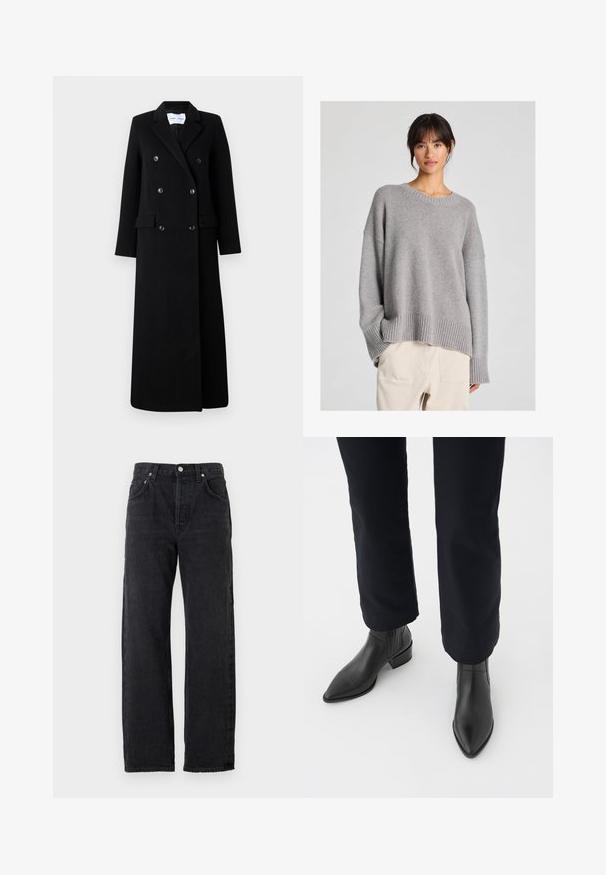 Samsøe Samsøe COAT MAXI - Klasični plašč - black; Sivkasti pleten pulover z ohlapnim krojem, okroglim izrezom, rebrastimi manšetami in robom. Mehka tekstura z diskretnim pletenim vzorcem. Ujemamo z neobdelanimi hlačami.; Črne jeans hlače s ravnim krojem, ki imajo visok pas, pet žepov inometalne gumbe. Gladek, rahlo teksturiran material.; Črne usnjene gležnjarje s koničastim nosom, blokastim petami in strukturiranimi stranskimi paneli, oblečene z temnimi hlačami proti beli podlagi.