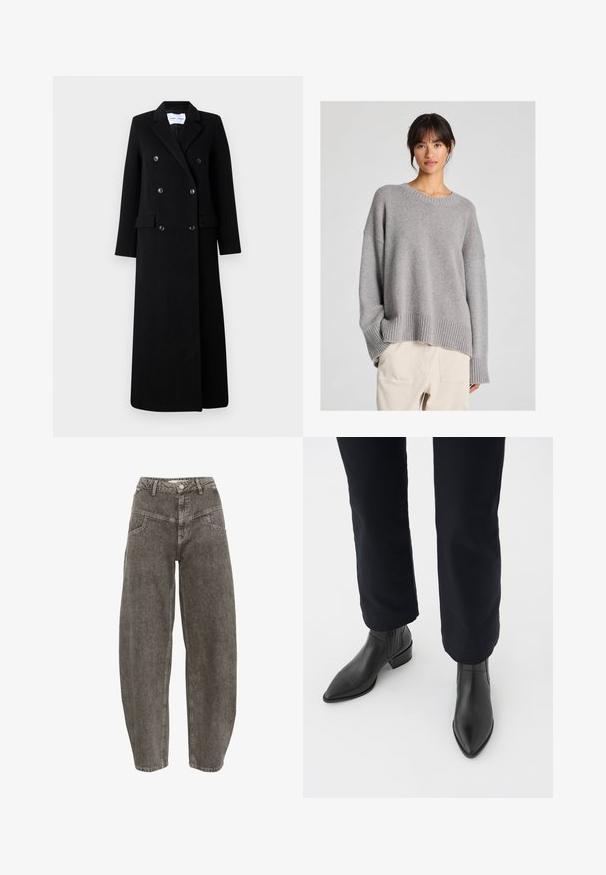 Samsøe Samsøe COAT MAXI - Palton clasic - black; Pulover gri tricotat, cu o croială lejeră, decolteu rotund, manșete și tiv ribbat. Textură moale cu un model de tricotare subtil. Asortat cu pantaloni deschiși.; Gestuz JOSIE BARREL - Wide leg - greige denim wash; Bocanci din piele neagră, până la gleznă, cu vârf ascuțit, toc pătrat și panouri laterale texturate, purtați cu pantaloni închiși la culoare, pe un fundal alb.