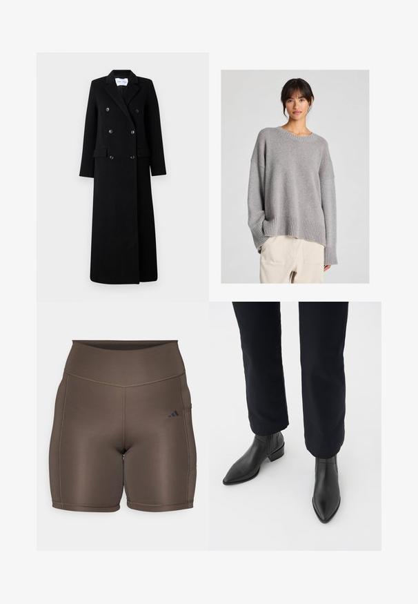 Samsøe Samsøe COAT MAXI - Manteau classique - black; Pull en maille gris avec une coupe décontractée, col rond, poignets et ourlets côtes. Texture douce avec un motif de tricot subtil. Associé à un pantalon clair.; Shorts de sport bruns avec une texture lisse, une taille haute et des coutures foncées contrastées. Présente un petit logo noir sur le côté gauche.; Bottines en cuir noir à bout pointu, avec un talon épais et des panneaux latéraux texturés, portées avec un pantalon sombre sur fond blanc.