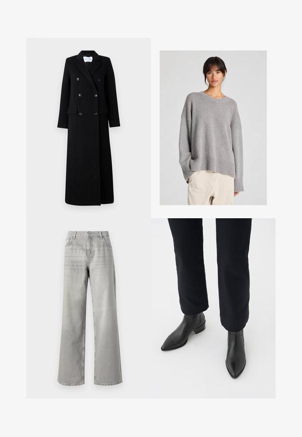 Samsøe Samsøe COAT MAXI - Klassinen takki - black; Harmaa neulottu villapaita, jossa on rento malli, pyöreä pääntie, ribbireunat hihoissa ja helmassa. Pehmeä rakenne ja hillitty neulekuvio. Yhdistetty vaaleisiin housuihin.; Harmaat leveät farkut, joissa on korkea vyötärö, valmistettu denimista. Ominaisuuksiin kuuluvat kaksi etutaskua ja siisti, koristelematon muotoilu.; Musta nahkasaapas nilkkamalli, jossa on terävä kärki, blokkikorko ja karheat sivupaneelit, yhdistettynä tummiin housuihin valkoista taustaa vasten.