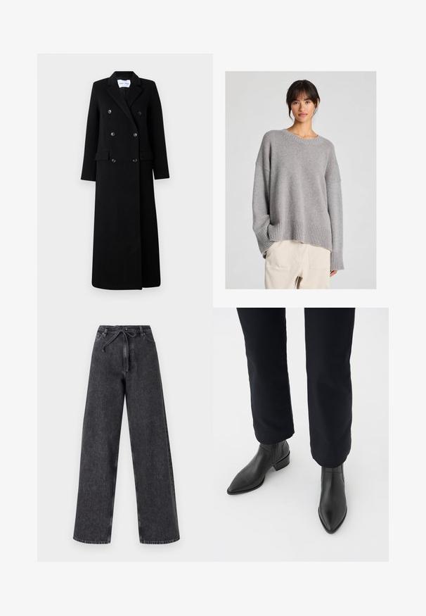 Samsøe Samsøe COAT MAXI - Klassikaline mantel - black; Halli kootud sveter, millel on vabalt langev lõige, ümar kaelus, soonikuga mansetid ja ääred. Pehme tekstuur ning õrn kootud muster. Kombineeritud heledate pükste kanssa.; Kõrge vöökohaga, laiad mustad denimpüksid, millel on nöörsulgur. Omab kulunud tekstuuri ja peeneid tikandeid.; Mustadast nahast pahkluu saapad, terava nina, ploki konts ja tekstuuriga külgpaneelid, kantud tumedate pükste juurde valge taustaga.