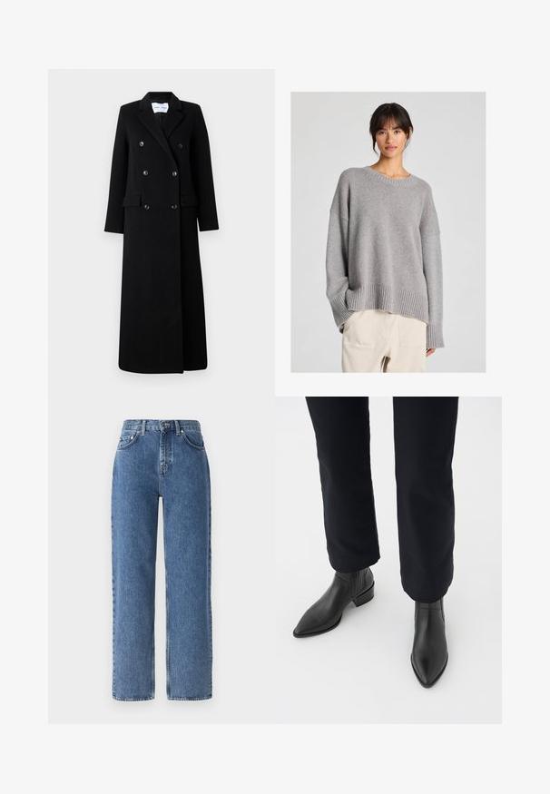 Samsøe Samsøe COAT MAXI - Klasičan kaput - black; Sivi pleteni pulover s opuštenim krojem, okruglim izrezom, rebrastim rukavima i rubom. Mekana tekstura s suptilnim pletenim uzorkom. Upareno s svijetlim hlačama.; Traperice srednje plave boje s visokim strukom, ravnim nogavicama, pet džepova i kontrastnim šavovima. Minimalan vidljiv hardver.; Crne kožne gležnjače s šiljastim vrhom, blok petom i teksturiranim bočnim panelima, nošene s tamnim hlačama na bijeloj pozadini.