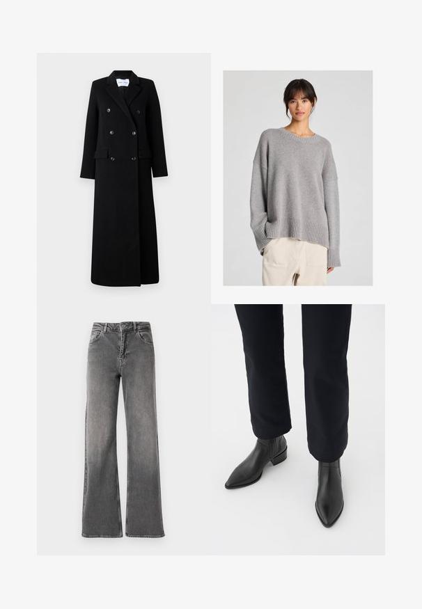 Samsøe Samsøe COAT MAXI - Klasikinis paltas - black; Pilko megztinis su laisva pasiūla, apvaliu iškirpimu, raukšlėtomis rankovėmis ir apačia. Minkšta tekstūra su subtiliu mezgimo raštu. Pora su šviesiais keliais.; Plati džinsai tamsiai pilkos spalvos denimo, su aukštu liemeniu, penkiomis kišenėmis ir minimaliu blukimu. Metalinė sagčiukė ir užtrauktukas.; Juodos odinės kulkšninių botai su smailiu priekiu, blokiniu kulnu ir tekstūruotais šonais, dėvimi su tamsiomis kelnėmis prieš baltą foną.