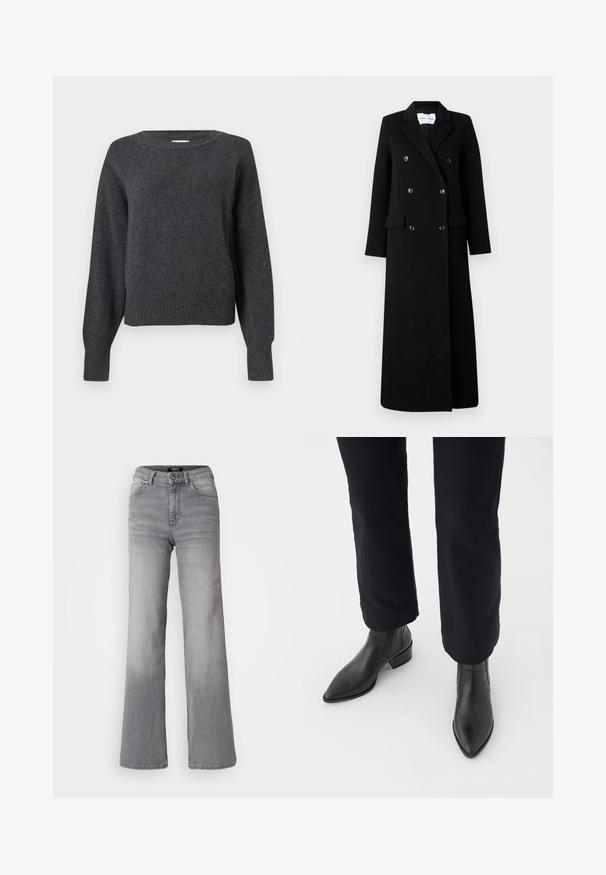 Samsøe Samsøe COAT MAXI - Klassischer Mantel - black; Dunkelgrauer Strickpullover mit rundem Ausschnitt, überschnittenen Schultern sowie gerippten Bündchen und Saum. Weiche Textur und leicht verkürzte Passform.; Hochtaillierte graue Denim-Jeans mit geradem Bein, Frontknopf und Reißverschluss, Vorder- und Gesäßtaschen sowie ausgewaschenen Schattierungen an Oberschenkeln und Waden.; Schwarze Leder-Stiefeletten mit spitzem Zehenbereich, Blockabsatz und strukturierten Seitenpaneelen, kombiniert mit dunklen Hosen vor einem weißen Hintergrund.