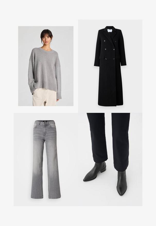 Samsøe Samsøe COAT MAXI - Klasikinis paltas - black; Pilko megztinis su laisva pasiūla, apvaliu iškirpimu, raukšlėtomis rankovėmis ir apačia. Minkšta tekstūra su subtiliu mezgimo raštu. Pora su šviesiais keliais.; Aukštai juosmens tiesios kojos pilkos džinsinės kelnės su priekiu užsegamu mygtuku ir užtrauktuku, priekiniais ir galiniais kišenėmis, bei išblukimu ant šlaunų ir blauzdų.; Juodos odinės kulkšninių botai su smailiu priekiu, blokiniu kulnu ir tekstūruotais šonais, dėvimi su tamsiomis kelnėmis prieš baltą foną.