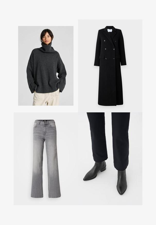 Samsøe Samsøe COAT MAXI - Mantel - black; Oversized donkergrijze coltrui met een ribgebreide hals en manchetten, gemaakt van een zacht gebreid materiaal, met verlaagde schouders en een relaxte pasvorm.; Grijs denim jeans met hoge taille en rechte pijpen, voorzien van een knoop en ritssluiting aan de voorkant, voor- en achterzakken, en een vervaagde schaduw op de dijen en kuiten.; Zwarte leren enkellaarsjes met een spitse neus, blokhak en textuurpanelen aan de zijkanten, gedragen met donkere broeken tegen een witte achtergrond.