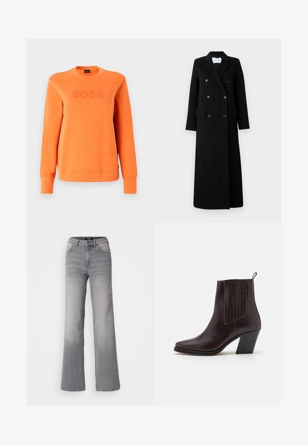 Samsøe Samsøe COAT MAXI - Classic coat - black; Orange sweatshirt with a crew neckline, long sleeves, and textured fabric. Features a prominent tonal "BOSS" logo on the front.; High-waisted straight-leg gray denim jeans with front button and zipper, front and back pockets, and faded shading on thighs and calves.; Dark brown leather ankle boot with a pointed toe, vertical ribbed detailing on the side, and a mid-height block heel.