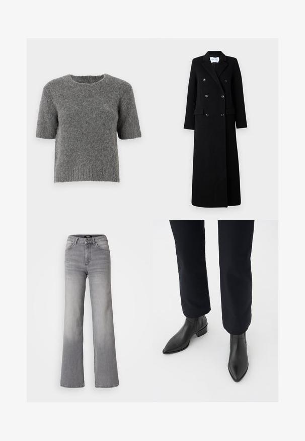 Samsøe Samsøe COAT MAXI - Classic coat - black; Short-sleeve sweater in soft gray knit, featuring a crew neckline and ribbed hem. The texture appears fuzzy with a casual fit.; High-waisted straight-leg gray denim jeans with front button and zipper, front and back pockets, and faded shading on thighs and calves.; Black leather ankle boots with a pointed toe, block heel, and textured side panels, worn with dark pants against a white background.