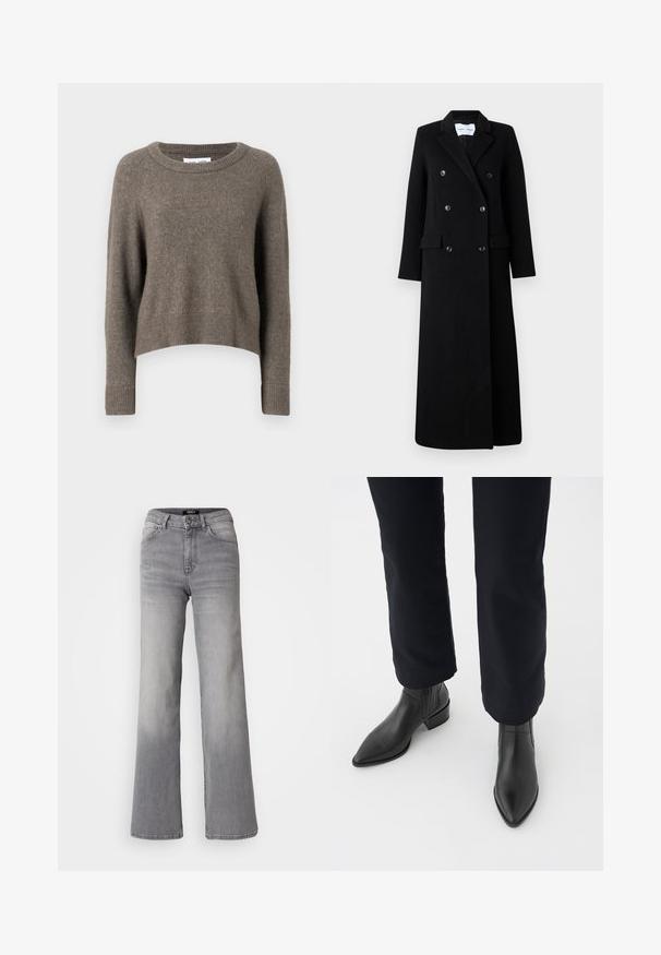 Samsøe Samsøe COAT MAXI - Klasický kabát - black; Tmavě hnědý zkrácený svetr vyrobený z měkkého materiálu, s kulatým výstřihem, dlouhými rukávy a žebrovanými manžetami a lemem.; Džíny z šedého denimu s vysokým pasem a rovnými nohavicemi, předním zapínáním na knoflík a zip, předními a zadními kapsami, a vybledlým stínováním na stehnech a lýtkách.; Černé kožené kotníkové boty s špičatou špičkou, blokovým podpatkem a texturovanými bočními panely, nošené s tmavými kalhotami na bílém pozadí.