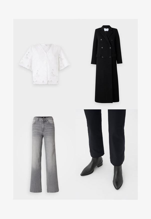 Samsøe Samsøe COAT MAXI - Klassischer Mantel - black; Weißes kurzärmeliges Blusenshirt mit V-Ausschnitt, das mit gestickten Blumenmustern und ausgeschnittenen Details am Saum und an den Ärmeln verziert ist.; Hochtaillierte graue Denim-Jeans mit geradem Bein, Frontknopf und Reißverschluss, Vorder- und Gesäßtaschen sowie ausgewaschenen Schattierungen an Oberschenkeln und Waden.; Schwarze Leder-Stiefeletten mit spitzem Zehenbereich, Blockabsatz und strukturierten Seitenpaneelen, kombiniert mit dunklen Hosen vor einem weißen Hintergrund.