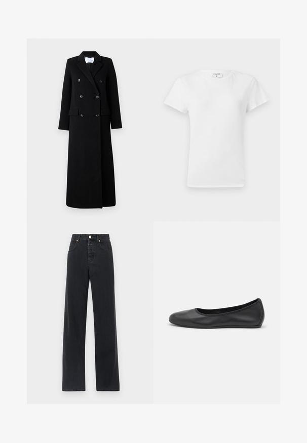 Samsøe Samsøe COAT MAXI - Cappotto classico - black; T-shirt bianco in cotone con colletto a girocollo e maniche corte, caratterizzato da una vestibilità rilassata e un design minimalista. Etichetta visibile sul collo.; Jeans in denim neri con vita alta, vestibilità dritta, design a cinque tasche, cuciture visibili e chiusura con bottone metallico.; Pantofole da balletto nere in pelle con punta arrotondata, texture liscia, dettagli di cucitura minimi e design con suola flessibile.