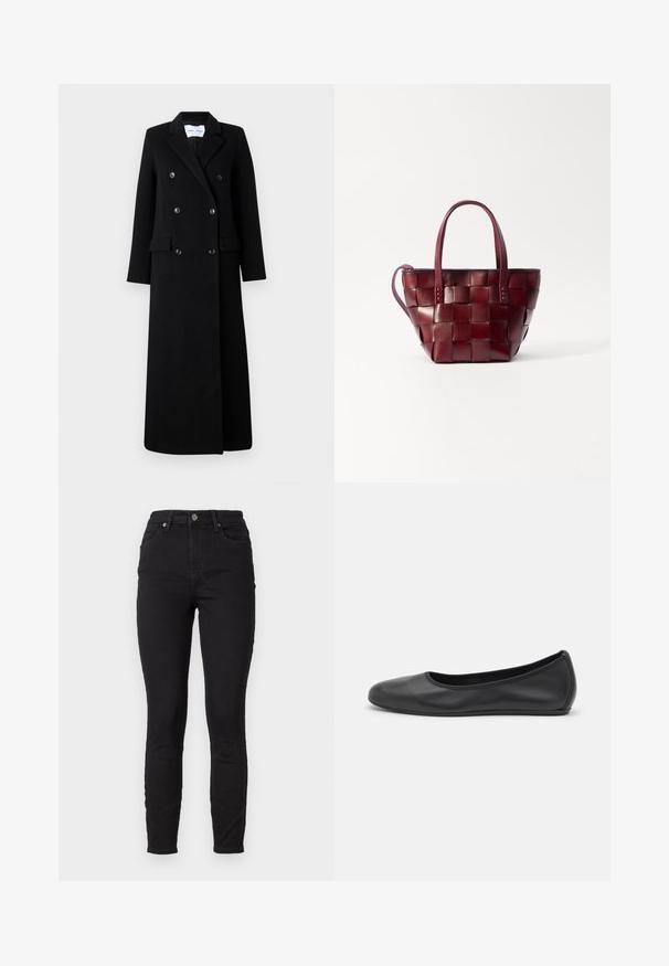 Samsøe Samsøe COAT MAXI - Abrigo clásico - black; Top de manga larga marrón, hecho de un tejido texturizado, que presenta un escote redondeado y una silueta simple y ajustada sin adornos visibles.; Pantalones vaqueros ajustados negros de denim con cintura alta, que cuentan con bolsillos frontales, cierre de botón y un sutil detalle de costura en las costuras.; Bailarina de piel negra con punta redondeada, textura suave, detalle de costura minimalista y diseño de suela flexible.; Bolso tote de cuero burdeos tejido con dos asas cortas y una correa de hombro desmontable. Presenta una forma estructurada y una textura suave.