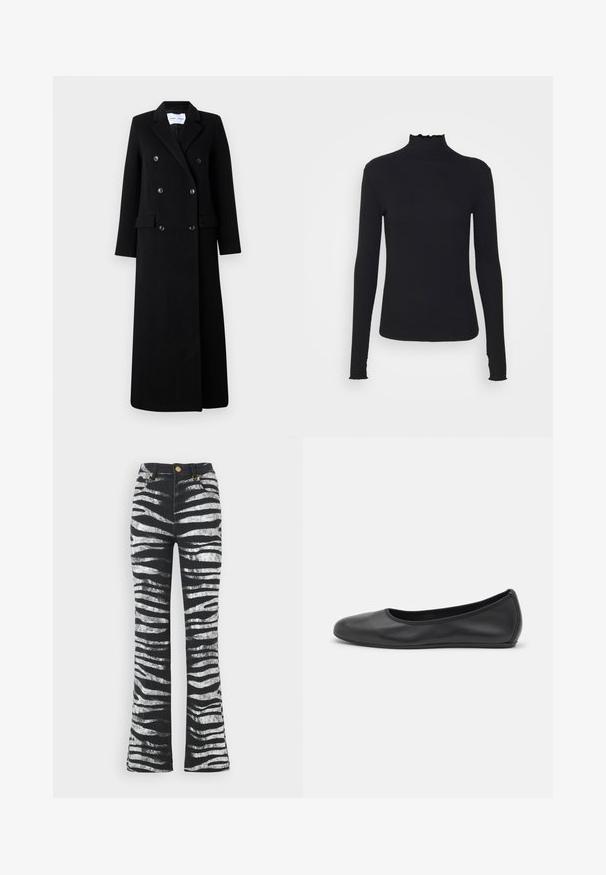 Samsøe Samsøe COAT MAXI - Classic coat - black; Black long-sleeve turtleneck top made of smooth fabric, featuring a ruffled neck and fitted silhouette with simple edges.; Roberto Cavalli Flared Jeans - nero/bianco; Black leather ballet flat with a rounded toe, smooth texture, minimal stitching detail, and a flexible sole design.