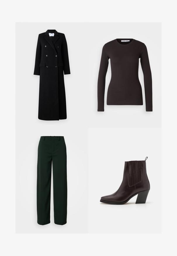 Samsøe Samsøe COAT MAXI - Mantel - black; Zwarte top met lange mouwen, gemaakt van een zachte, rekbare stof. Heeft een ronde halslijn en een slim fit met een gladde textuur en geen zichtbare patronen.; DRYKORN DESK - Broek - green; Donkerbruine leren enkelboot met een spitse neus, verticale geribbelde details aan de zijkant en een blokhak van gemiddelde hoogte.