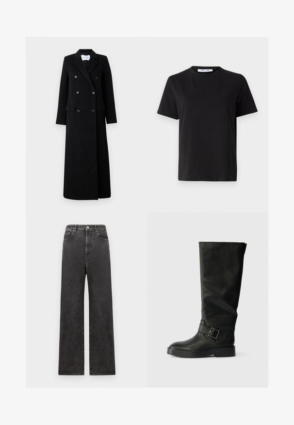 Samsøe Samsøe COAT MAXI - Klasszikus kabát - black; Fekete, rövid ujjú póló, puha pamutból készült, kerek nyakkivágással, laza szabással és sima textúrával. Nincs látható minta vagy grafikák.; Magas derekú, széles szárú fekete farmernadrág, elülső zsebekkel, gombos zipzárral és enyhén kopott hatással.; Fekete, térdig érő csizmák, sima bőrből, lekerekített orral, vastag talppal és egy vízszintes pánttal, amely téglalap alakú csat részlettel rendelkezik.