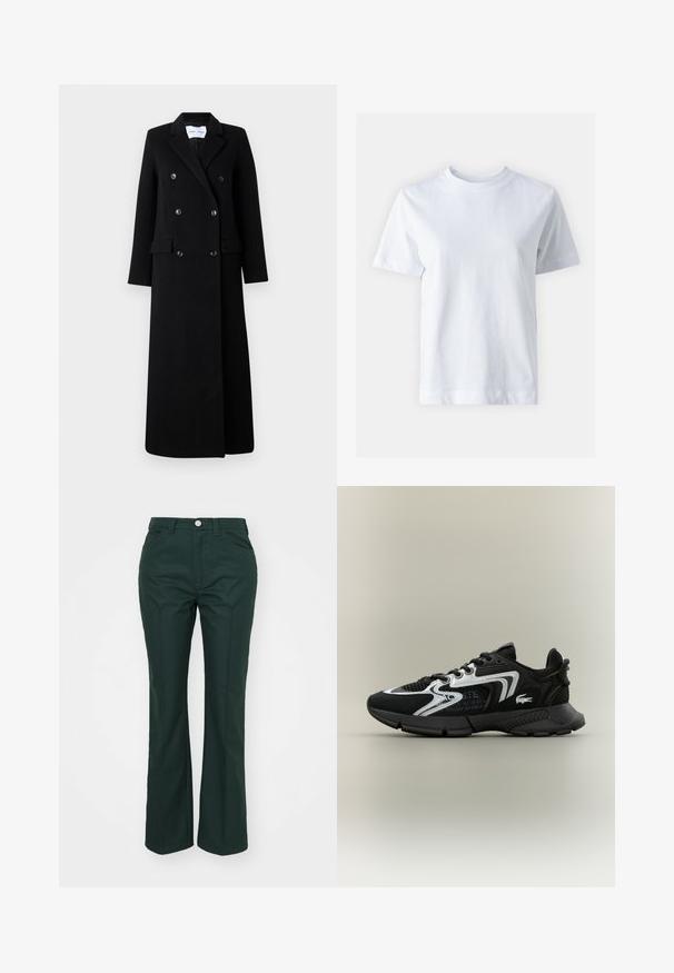Samsøe Samsøe COAT MAXI - Klassikaline mantel - black; Valge puuvillane T-särk, ümar kaelus, lühikesed varrukad, sirge lõige ja sile tekstuur. Ilma mustrite ja kaunistusteta.; Roheline, laienevad püksid, mis on valmistatud siledast, vormitud kangast. Omab esimesest nööbiga sulgemist, vöökohapasse ja kahte küljetaskut.; Mustad mustreejalised tossud võrkpaneelidega, hõbedaste aktsentidega ja tekstuuritud mustade pealsetega. Omab kingapaelu ja kõverat, vastupidavat tallat.