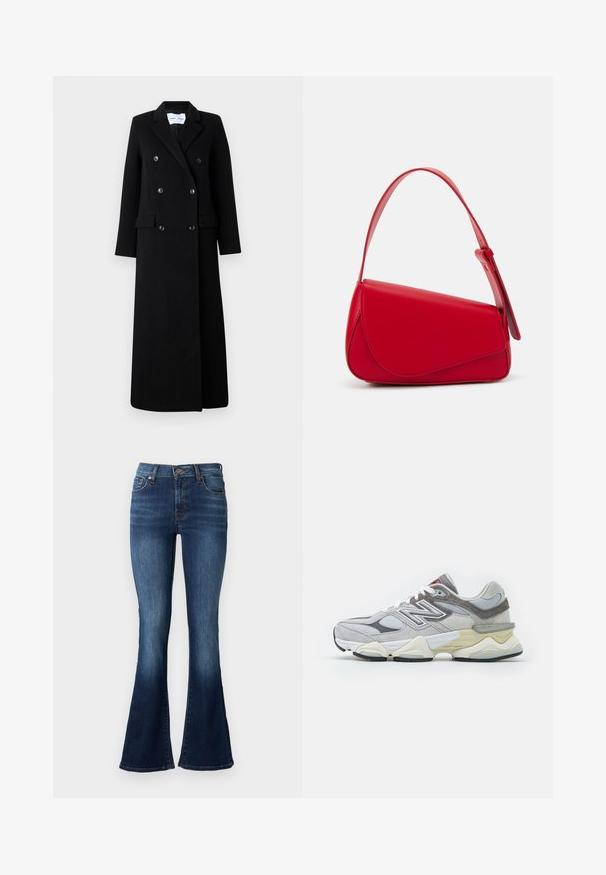 Samsøe Samsøe COAT MAXI - Klasický kabát - black; Dvě trička s kulatým výstřihem v černé a bílé barvě, vyrobená z bavlny. Mají krátké rukávy a jednobarevný design bez vzorů nebo akcentů.; Modré zvonové džíny vyrobené z denimu. Mají vysoký pas, pět kapes a jemné blednutí poblíž lemu. Švy v kontrastní barvě.; Šedé semišové a síťované tenisky s tlustou bílou a béžovou podešví, vyznačující se výrazným bílým logem a červenými akcentními detaily.; Červená kožená kabelka s ostrým, geometrickým designem. Má jeden nastavitelný popruh a klopu s prošívanými detaily.; Černé kožené rukavice s prodlouženým designem, hladkým povrchem a pěti strukturovanými prsty. Žádné viditelné kovové detaily, jednoduchý a elegantní vzhled.