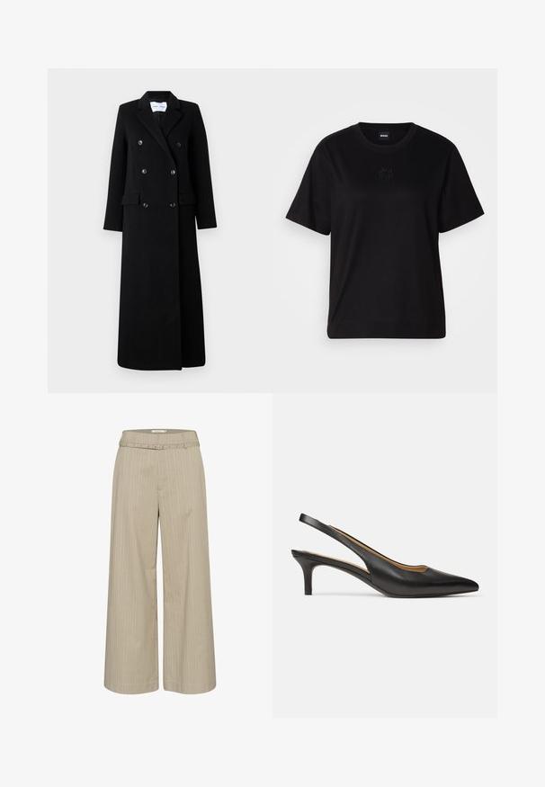 Samsøe Samsøe COAT MAXI - Mantel - black; Zwarte katoenen t-shirt met een ronde hals, korte mouwen en een geborduurd logo op de borst. Eenvoudige, comfortabele pasvorm zonder patronen.; Wijduitlopende broeken in lichtbeige stof met verticale strepen, voorzien van een bijpassende riem en decoratieve hardware op de tailleband.; Zwarte leren slingback pump met puntschoen en lage kittenheel, zijaanzicht op een effen witte achtergrond.