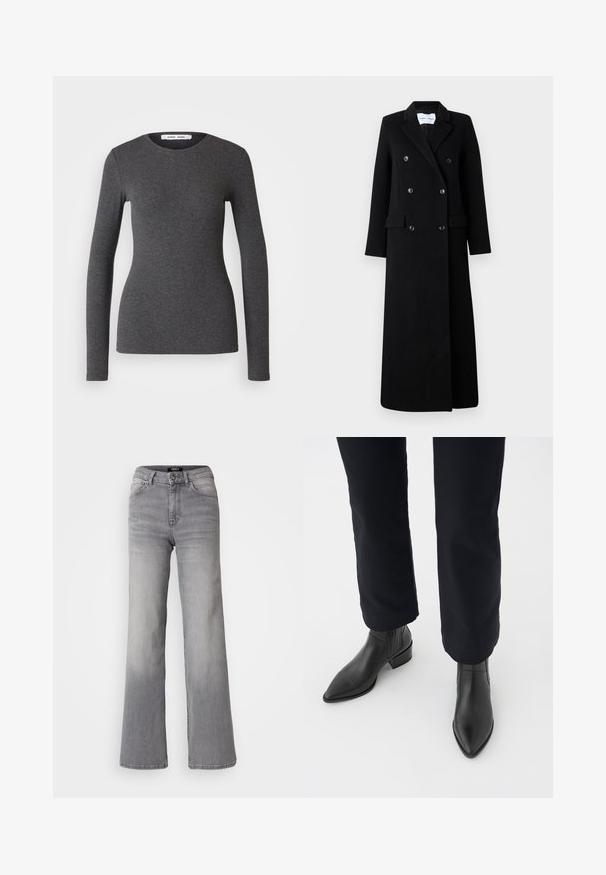 Samsøe Samsøe COAT MAXI - Abrigo clásico - black; Top de manga larga y cuello redondo en gris oscuro, confeccionado en tejido acanalado con un diseño ajustado, que presenta una textura suave y un detalle mínimo.; Vaqueros de mezclilla gris de pernera recta y cintura alta, con botón y cremallera frontales, bolsillos delanteros y traseros, y efectos de desvanecimiento en los muslos y las pantorrillas.; Botas negras de cuero hasta el tobillo con punta afilada, tacón cuadrado y paneles laterales texturizados, combinadas con pantalones oscuros contra un fondo blanco.