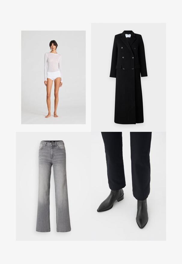 Samsøe Samsøe COAT MAXI - Klassikaline mantel - black; Valge pika varrukaga särk, millel on tekstuuriga teemantimuster, koos valgete lühikeste pükstega; mõlemad rõivad on kehasse sobivad ja valmistatud pehmest kangast.; Kõrge vöökoht, sirged hallid teksad, millel on ees nupp ja lukku, ees ja taga taskud ning hägune varjund reitel ja sääremarjadel.; Mustadast nahast pahkluu saapad, terava nina, ploki konts ja tekstuuriga külgpaneelid, kantud tumedate pükste juurde valge taustaga.