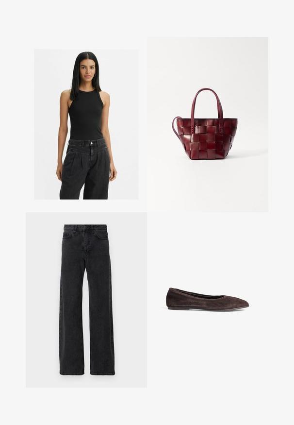 Samsøe Samsøe COAT MAXI - Klassischer Mantel - black; Schwarzes, geripptes Tanktop mit hohem Kragen und schmalen Trägern. Das Modell kombiniert es mit hochtaillierten, dunklen Jeans.; Schwarze Denim-Jeans mit weitem Bein, klassischen fünf Taschenstil, Knopfverschluss und subtiler Waschung.; Braune Wildleder-Ballerinas mit spitzem Absatz und niedrigem Profil. Verfügt über eine glatte Textur und ein minimalistisches Design. Keine sichtbaren Beschläge oder Akzente.; Geflochtene bordeauxfarbene Lederhandtasche mit zwei kurzen Griffen und einem abnehmbaren Schultergurt. Sie hat eine strukturierte Form und eine glatte Textur.