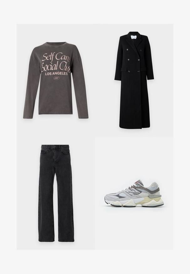 Samsøe Samsøe COAT MAXI - Klasický kabát - black; Šedé tričko s dlouhým rukávem vyrobené z měkké tkaniny s velkým růžovým grafickým potiskem s nápisem "Klub sociální péče Los Angeles" a datem založení.; Černé džíny s širokým střihem, klasického pětivreckového designu, se zapínáním na knoflík a jemným blednutím.; Šedé semišové a síťované tenisky s tlustou bílou a béžovou podešví, vyznačující se výrazným bílým logem a červenými akcentními detaily.