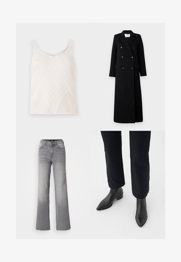 Samsøe Samsøe COAT MAXI - Classic coat - black; Lightweight white knitted tank top with a chevron pattern, featuring narrow shoulder straps and open weave texture.; High-waisted straight-leg gray denim jeans with front button and zipper, front and back pockets, and faded shading on thighs and calves.; Black leather ankle boots with a pointed toe, block heel, and textured side panels, worn with dark pants against a white background.