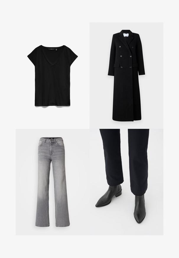 Samsøe Samsøe COAT MAXI - Klasisks mētelis - black; Melnas īsām piedurknēm T-krekls ar V-veida dekoltē, izgatavots no mīkstas auduma, ar brīvu piegriezumu un gludu, nedaudz matētu tekstūru.; Augsti vidukļa taisnas kājas pelēkas džinsa bikses ar priekšējo pogu un rāvējslēdzēju, priekšējām un aizmugurējām kabatām, kā arī izbalinātiem toņiem uz augšstilbiem un teļiem.; Melni ādas potīšu zābaki ar norādītu purngalu, blokveida papēdi un teksturētām sānu daļām, valkāti ar tumšām biksēm uz balta fona.