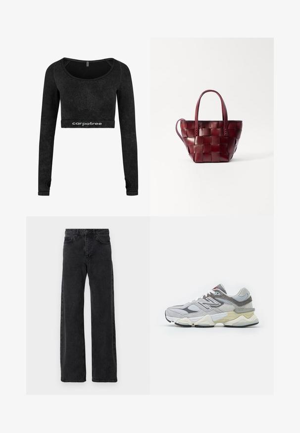 Samsøe Samsøe COAT MAXI - Cappotto classico - black; Crop top nero a maniche lunghe realizzato in materiale morbido. Presenta un collo arrotondato e dettagli testurizzati lungo le maniche. Logo visibile sull'orlo.; Jeans in denim nero con un design a gamba larga, caratterizzati da un classico stile a cinque tasche, chiusura con bottone e leggere sfumature.; Sneaker grigio in suede e rete con una spessa soletta bianca e beige, caratterizzata da un logo bianco prominente e dettagli in rosso.; Borsa a tote in pelle borgogna intrecciata con due manici corti e una tracolla rimovibile. Presenta una forma strutturata e una texture liscia.