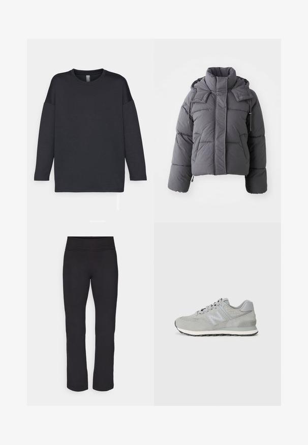 Gray padded winter jacket with high collar, front pockets, long sleeves, and adjustable hood with snap buttons and drawstrings.; Black long-sleeve T-shirt made from soft fabric, featuring a round neckline and relaxed fit, with dropped shoulder seams and no patterns.; Black leggings with a smooth, stretchy fabric and a wide waistband. They have straight, full-length legs and no visible patterns or accents.; Light grey sneaker made of suede and mesh, featuring textured accents, central lacing, and a black rubber sole with white trim.