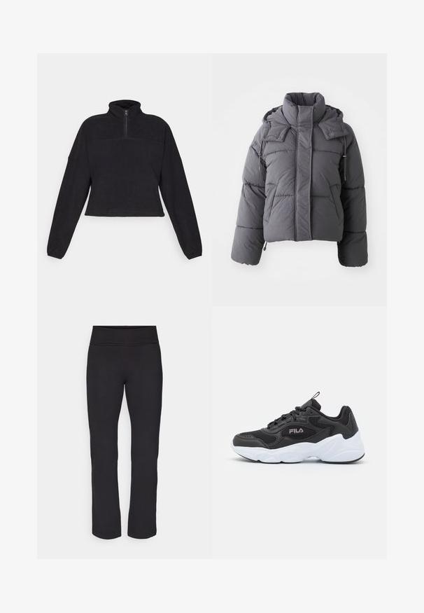 Chaqueta de invierno gris acolchada con cuello alto, bolsillos frontales, mangas largas y capucha ajustable con botones a presión y cordones.; Sudadera negra de forro polar con cuello alto y media cremallera. Presenta mangas largas, un diseño corto y una textura suave y lisa.; Leggings negros con una tela suave y elástica y una cinturilla ancha. Tienen perneras rectas y de longitud completa, sin patrones o acentos visibles.; Zapatilla deportiva negra con material de malla y sintético, que presenta una suela de goma blanca, un diseño redondeado y un logo prominente en el lateral.