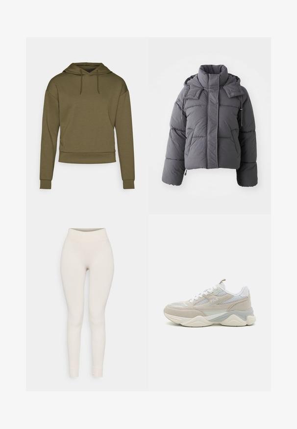 Grå vadderad vinterjacka med hög krage, framfickor, långa ärmar och justerbar huva med tryckknappar och dragsko.; ONLY Play ONPLOUNGE LIFE HOOD - Luvtröja - kalamata; Ribbstickade leggings i beige, med hög midja och åtsittande design. Slät textur med avsmalnande ben och uppvikta fållar.; Beige och vita sneakers i mocka och mesh, med en kraftig sula, snörningsdesign och en logotyp på sidan.