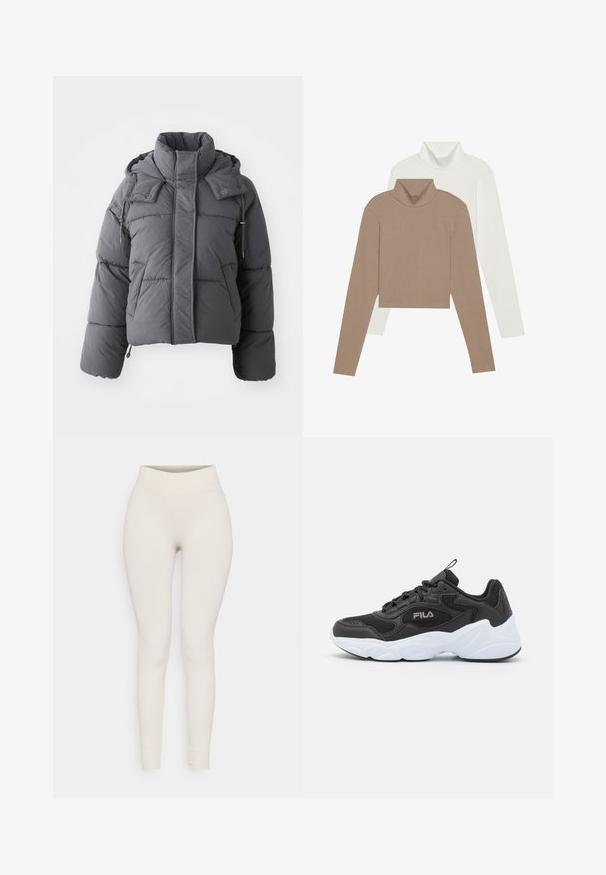 Grijze gewatteerde winterjas met hoge kraag, voorzakken, lange mouwen en een verstelbare capuchon met drukknoopjes en trekkoorden.; Twee coltruien: één in zacht bruin met een geribbelde textuur, en één in glad wit. Beide hebben lange mouwen en een cropped ontwerp.; Geribbelde legging in beige, met een hoge tailleband en een aansluitend ontwerp. Glad textuur met taps toelopende benen en omgeslagen naden.; Zwarte sportieve schoen van mesh en synthetisch materiaal, met een witte rubberen zool, rond ontwerp en een opvallend logo aan de zijkant.