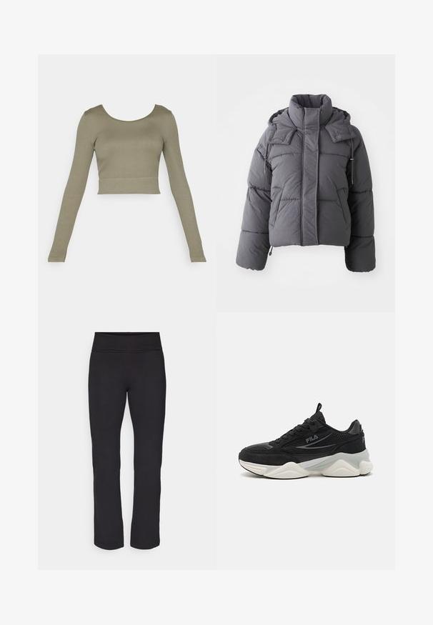 Harmaa pehmeä talvitakki, jossa on korkea kaulus, etutaskut, pitkät hihat ja säädettävä huppu, jossa on napit ja nyörit.; Oliivinvihreä pitkähihaisen lyhyen paidan, jossa on ribbikuvio, pyöreä kaula-aukko ja tiukat hihat, sopii rentoon käyttöön.; Mustat legginsit, joissa on sileä, venyvä kangas ja leveä vyötärö. Ne ovat suoralahkeiset ja täysipituiset, eikä niissä ole näkyviä kuvioita tai koristeita.; Musta lenkkarit, jotka on valmistettu verkosta ja mokasta, paksu pohja, pyöristetty muoto, hillityt harmaat yksityiskohdat ja brändilogo sivulla.