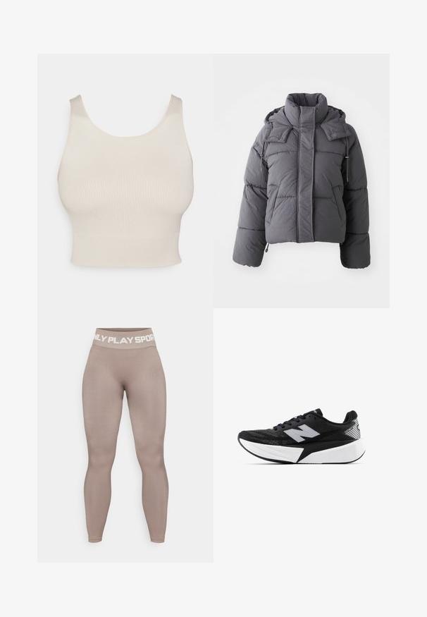 Pelēka, pildīta ziemas jaka ar augstu apkakli, priekšējām kabatām, garām piedurknēm un regulējamu kapuci ar spiedpogām un auklām.; Bēša ribota īsā topa, plašas siksnas, apaļa dekoltē un pieguļoša jostasvietas. Audums ir gluds, ar elastīgu, vieglu materiālu.; Augsti vidukļa, brūni legingi, izgatavoti no elastīga materiāla ar gludu tekstūru; jostas vietā ir balta uzraksts "ONLY PLAY SPORT."; Melnbalts New Balance skriešanas apavi ar biezu zoli, acs augšdaļu un "N" logotipu sānos, skatīts no ārējās puses.