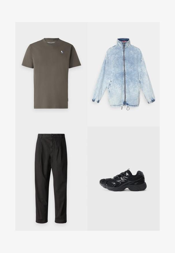 Light blue denim jacket with a high collar, front zipper, side pockets, and elastic cuffs. Features a faded wash and drawstring hem.; Olive green cotton t-shirt with a crew neck, short sleeves, and a small blue and white bird embroidered on the chest.; Black trousers made of a smooth fabric, featuring a straight leg design, front pleats, and a button closure at the waist.; Black athletic shoe with mesh material and synthetic accents, rounded toe, textured sole, and contrasting glossy details on the upper.