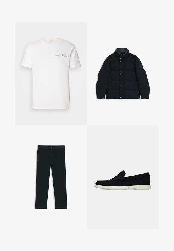 Pufferjack in donker marineblauw. Voorzien van een hoge kraag, drukknoopsluiting en zijzakken. Gestructureerd, gewatteerd patroon voor isolatie.; Witte katoenen t-shirt met ronde hals, korte mouwen en een bedrukt logo. Heeft een minimalistisch design en een relaxte pasvorm.; Donkerblauwe chino's gemaakt van een katoenmix stof. Voorzien van riemlussen, front pockets en een rits met knoopsluiting.; Zwarte instapper met een ronde neus, voorzien van een textuur bovenwerk, gladde witte zool en subtiele merktekens aan de zijkant.