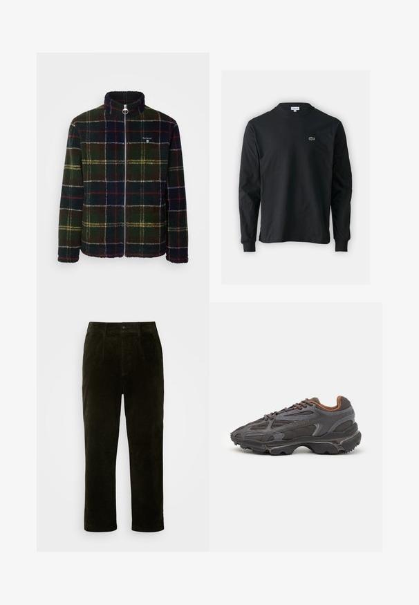 Barbour TARTAN ZIP THROUGH - Fleecejas - multi-colour; Zwarte longsleeve t-shirt van katoen, met een ronde halslijn en een klein groen geborduurd krokodillenlogo op de linkerborst.; Donkergroene corduroy broek met een rechte snit, uitgerust met zijzakken, een knoopsluiting en een gestructureerde stof.; Lacoste sneakers in donkergrijs van mesh en synthetisch materiaal, met een gestructureerde zool en bruine accenten op de kraag en branding.