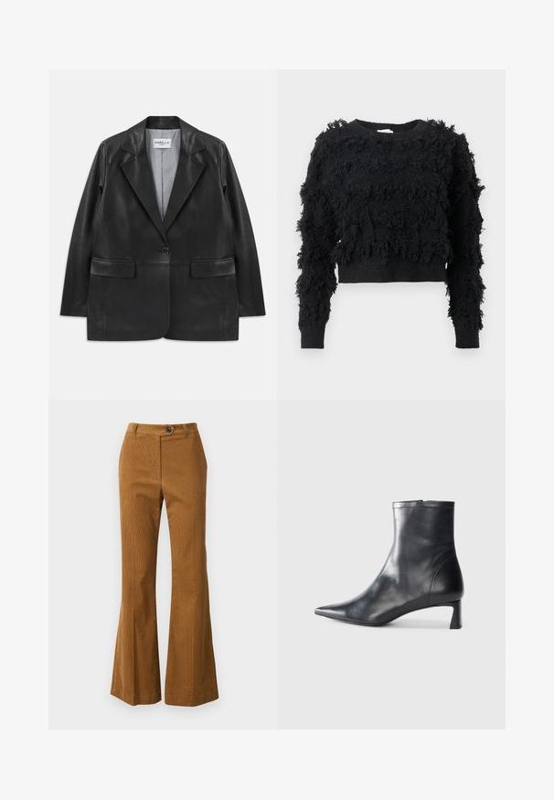 Melnas ādas žakete ar iegrieztiem atlokiem, vienu pogu aizdari, kabatām ar atloku un svītrainu iekšējo oderi.; Melna īsā džemperis ar teksturētu, pūkainu virsmu. Garas piedurknes un apaļa kakla izgriezums, ar neregulāriem rakstiem visā audumā.; Brūnas izplešamas bikses, kas izgatavotas no strukturētas auduma, ar pogu aizdari un vienkāršu jostas dizainu.; Melnas ādas potītes zābaki ar norādītu pirkstu un elegantu dizainu. Iezīmē zemu papēdi un rāvējslēdzēja aizdari aizmugurē. Gluda tekstūra.