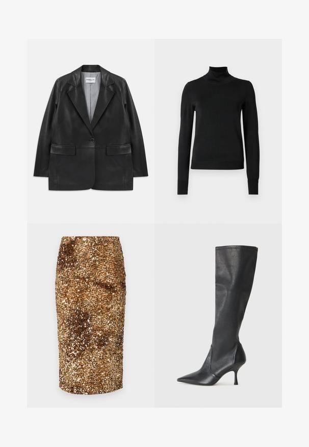 Blazer din piele neagră cu rever în formă de V, închidere cu un singur nasture, buzunare cu clapă și căptușeală în dungi.; Pulover negru cu mânecă lungă și guler tip colier, cu manșete și tiv cu elastic, expus pe un fundal alb simplu.; Fustă tip creion aurie, cu aplicații de paiete, având o siluetă ajustată, cu o textură netedă și un finisaj strălucitor pe toată suprafața.; Botine din piele neagră, până la genunchi, cu vârf ascuțit și toc subțire stiletto. Textură netedă, cu un design ajustat și cusături la marginea superioară.
