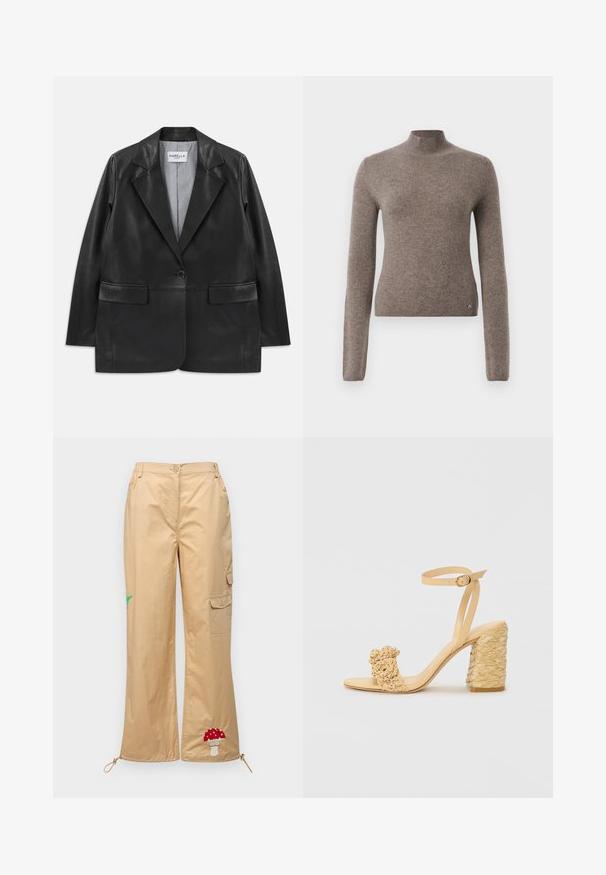Blazer en cuir noir avec revers à cran, fermeture à un seul bouton, poches à rabat et doublure intérieure à rayures.; Pull en tricot marron avec un col montant, coupe ajustée, manches longues et poignets côtelés. Présente un petit logo sur le bas à gauche.; Pantalons cargo beige en tissu lisse, avec un champignon et une feuille de palmier brodés, un ourlet ajustable et des poches latérales.; Sandale à talons hauts beige avec une texture tressée, ornée d'une fleur décorative et d'une bride à la cheville. Le talon carré ajoute de la stabilité.
