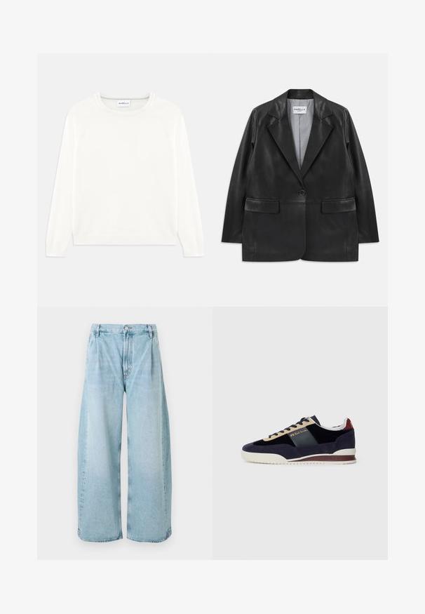 Blazer in pelle nera con rever a pattina, chiusura con un bottone, tasche a pattina e fodera interna a righe.; Maglione leggero di colore crema con scollo rotondo, maniche lunghe e orlo a costine. Realizzato in tessuto morbido con una texture liscia.; Pantaloni in denim blu chiaro a gamba larga con pince davanti, chiusura con bottone e orli dritti, caratterizzati da una texture sbiadita.; Sneakers in suede blu Navy con accenti beige e blu scuro. Presentano una suola in gomma bianca e un marchio dorato sul lato. Design atletico classico.