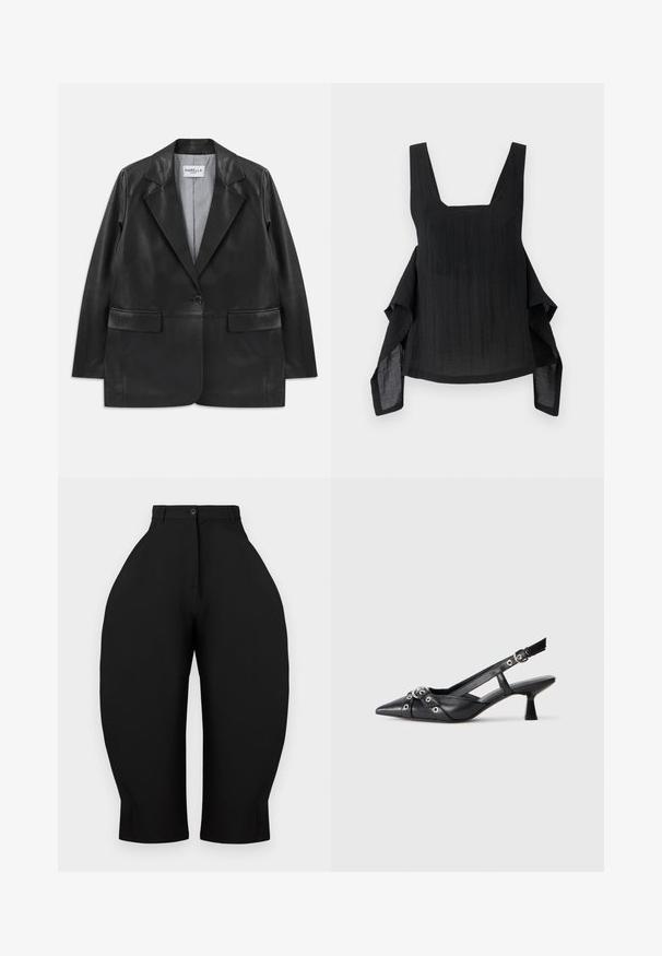 Melnas ādas žakete ar iegrieztiem atlokiem, vienu pogu aizdari, kabatām ar atloku un svītrainu iekšējo oderi.; Melnā bezpiedurkņu blūze ar kvadrātu formas kakla izgriezumu, plūstoša auduma, asimetriska apakšmala un teksturētas virsmas detaļa.; Melnas bikses ar augsto jostasvietu un platām, sašaurinātām kājām. Izgatavotas no gludas auduma, ar pogu aizdari un bez redzamām kabatām.; Melnas ādas šlipsveida kurpes ar norādītu purngalu, dekoratīvām joslām ar metāla acīm un zemu bloku papēdi. Teksturēta virsma.